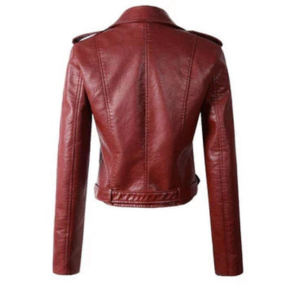 Aria | Women's Cropped Moto Faux Leather Jacket Belted Biker