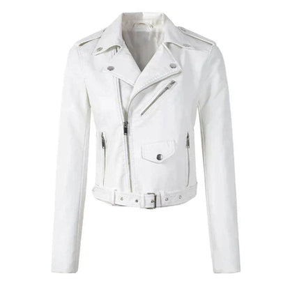 Aria | Women's Cropped Moto Faux Leather Jacket Belted Biker