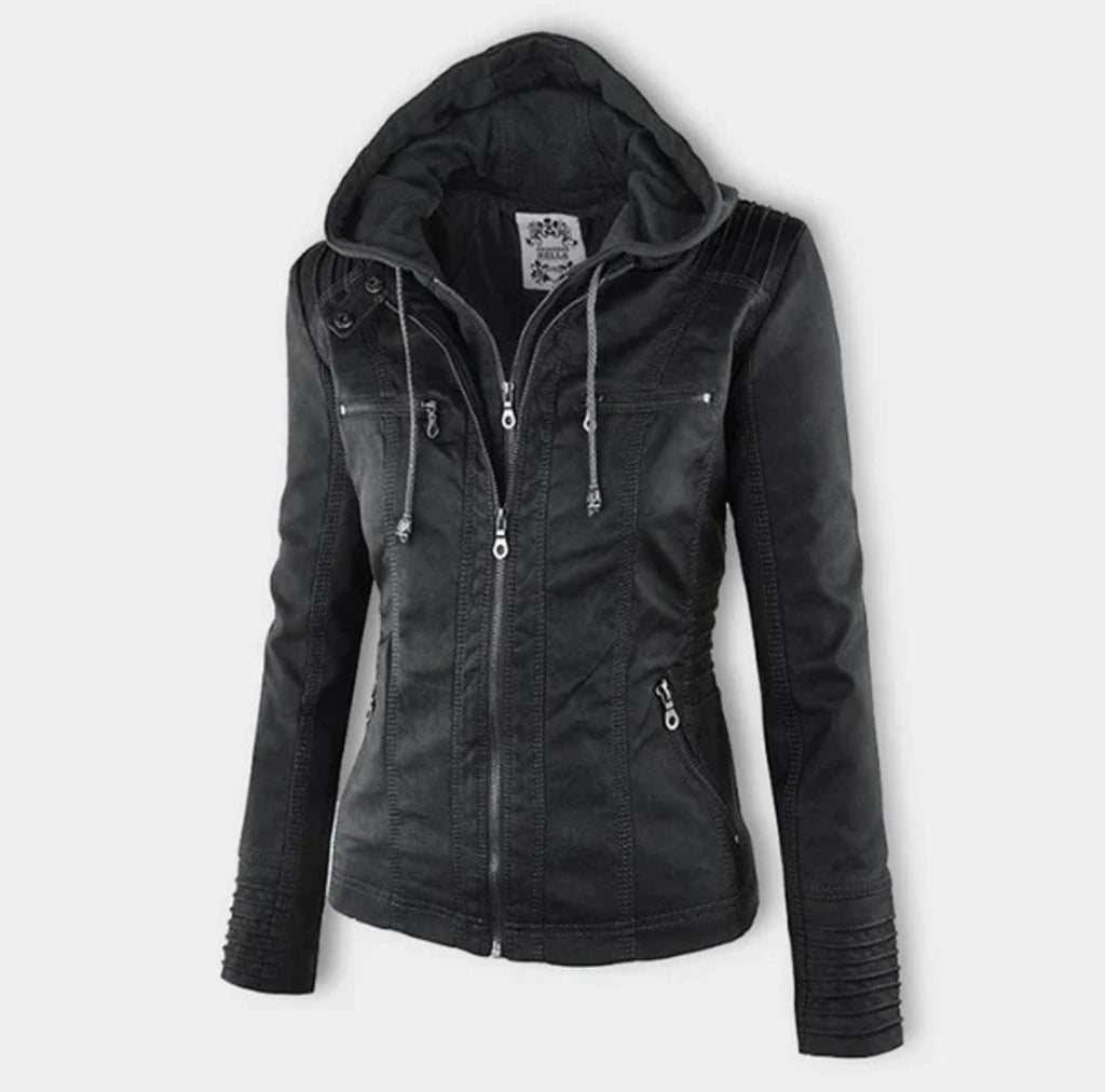 Victoria | Women's Hooded Faux Leather Moto Jacket Zip-Up