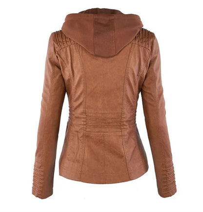 Victoria | Women's Hooded Faux Leather Moto Jacket Zip-Up