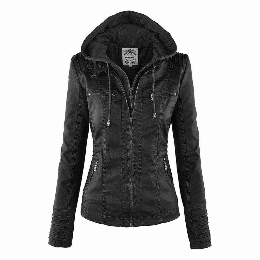 Amelia | Women's Hooded Moto Faux Leather Jacket Removable Hood