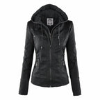 Amelia | Women's Hooded Moto Faux Leather Jacket Removable Hood