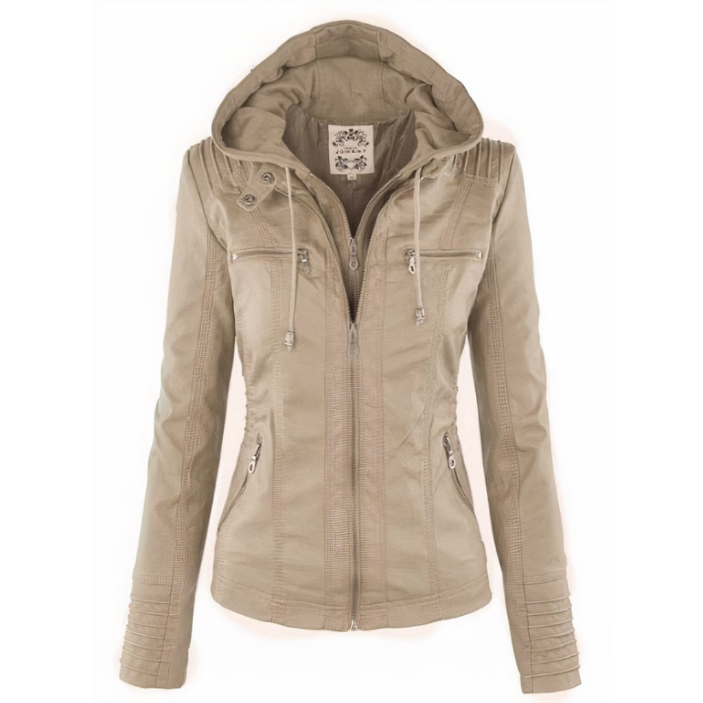 Amelia | Women's Hooded Moto Faux Leather Jacket Removable Hood