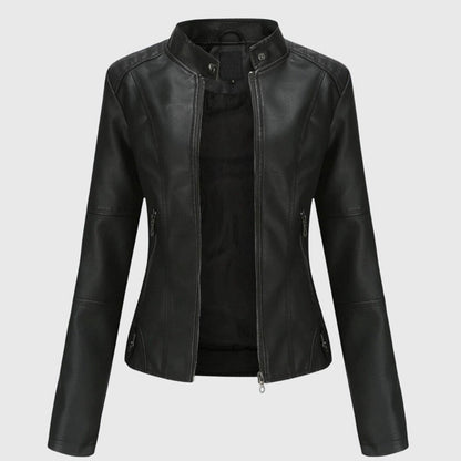 Mia | Women's Slim-Fit Faux Leather Moto Coat Stand-Collar Zip-Up Jacket