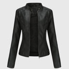 Mia | Women's Slim-Fit Faux Leather Moto Coat Stand-Collar Zip-Up Jacket