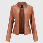 Mia | Women's Slim-Fit Faux Leather Moto Coat Stand-Collar Zip-Up Jacket