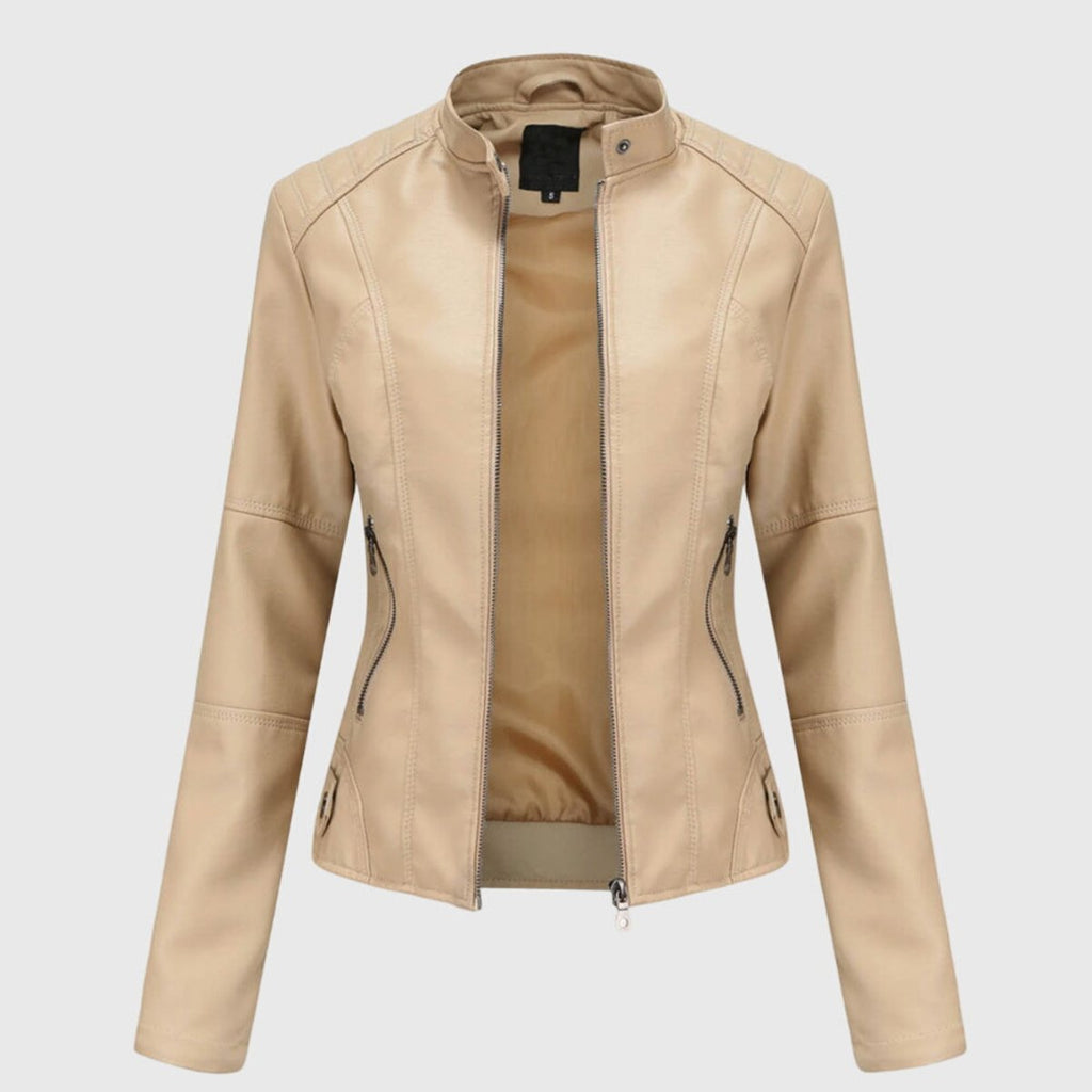 Mia | Women's Slim-Fit Faux Leather Moto Coat Stand-Collar Zip-Up Jacket