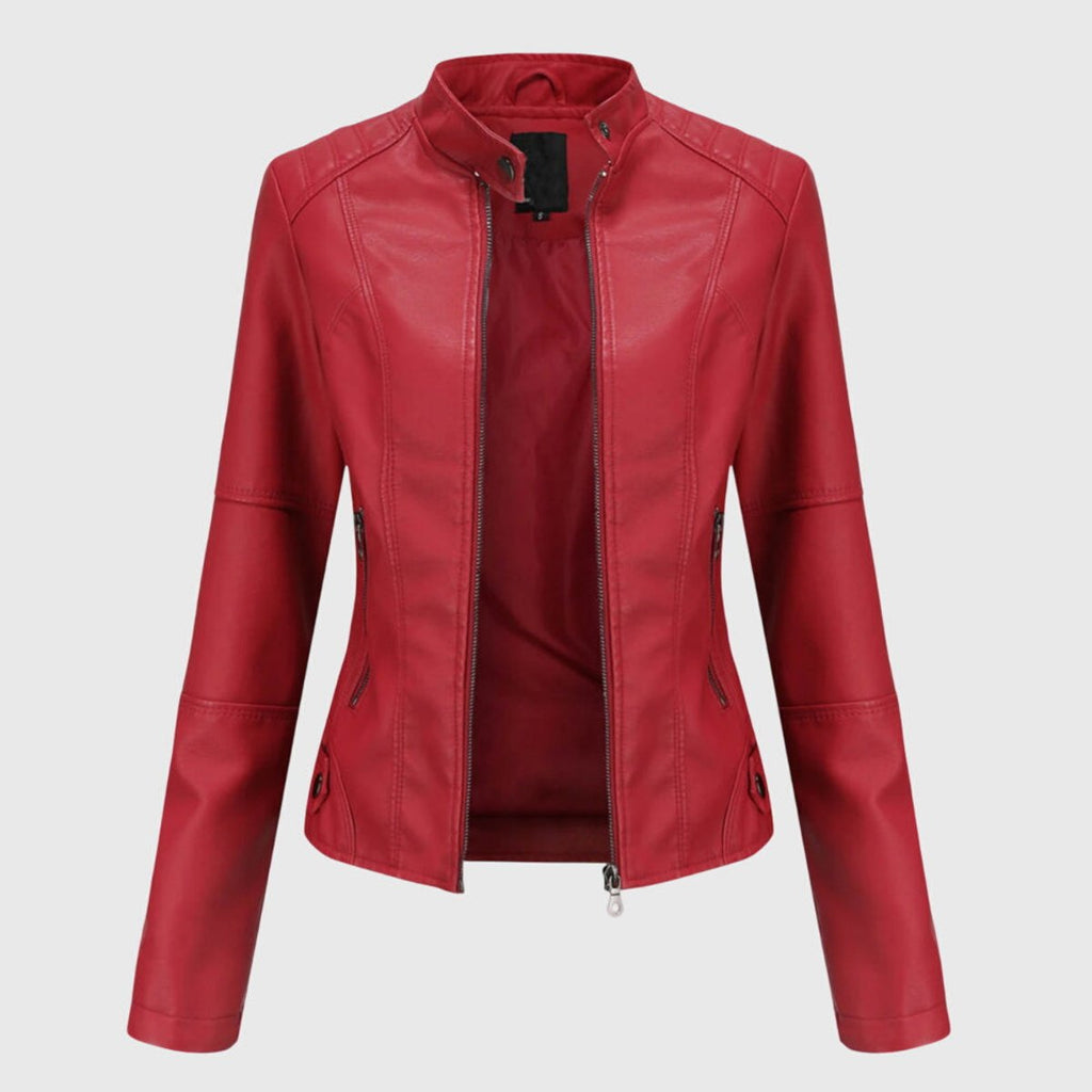 Mia | Women's Slim-Fit Faux Leather Moto Coat Stand-Collar Zip-Up Jacket