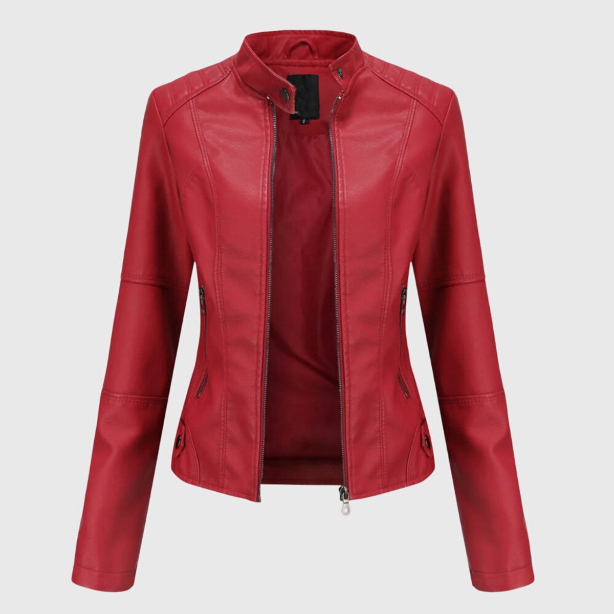 Mia | Women's Slim-Fit Faux Leather Moto Coat Stand-Collar Zip-Up Jacket